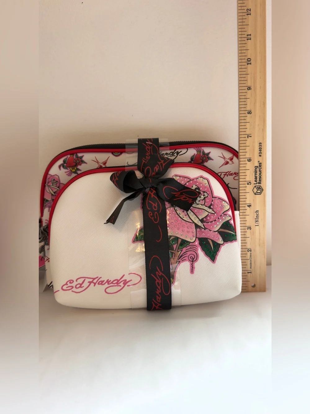 Ed Hardy White & Pink Floral Rhinestone Cosmetic Pouch Set